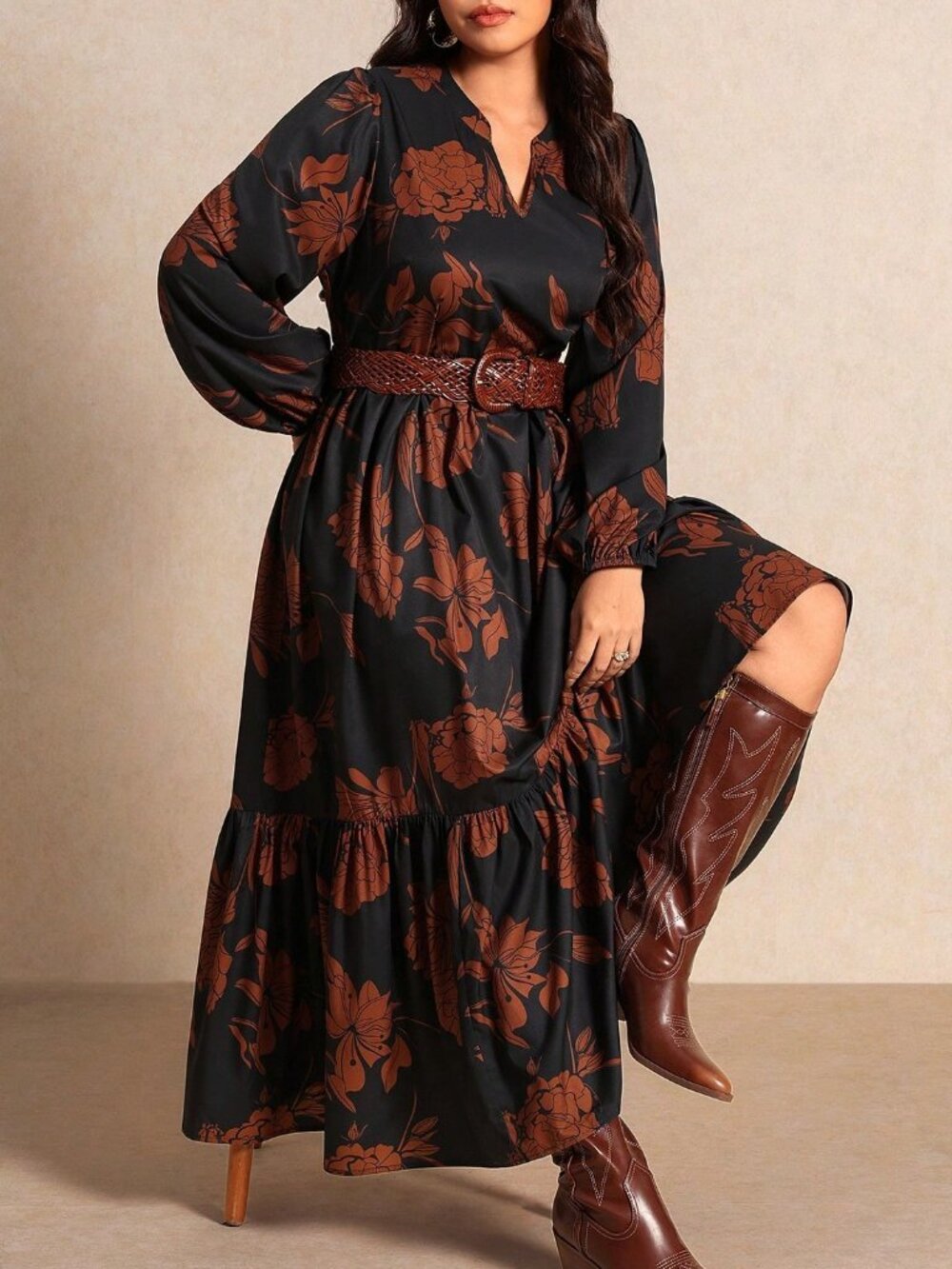 Multicolor Elegant Women's Plus Size Floral V-Neck Long A-Line Dress - Picture 3 of 7